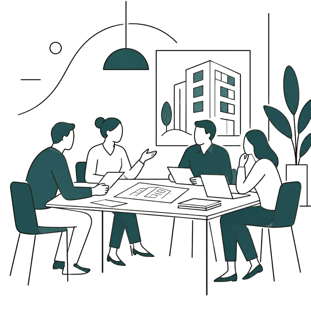 Vier Personen besprechen an einem Tisch Unterlagen zu einem Wohnhaus.